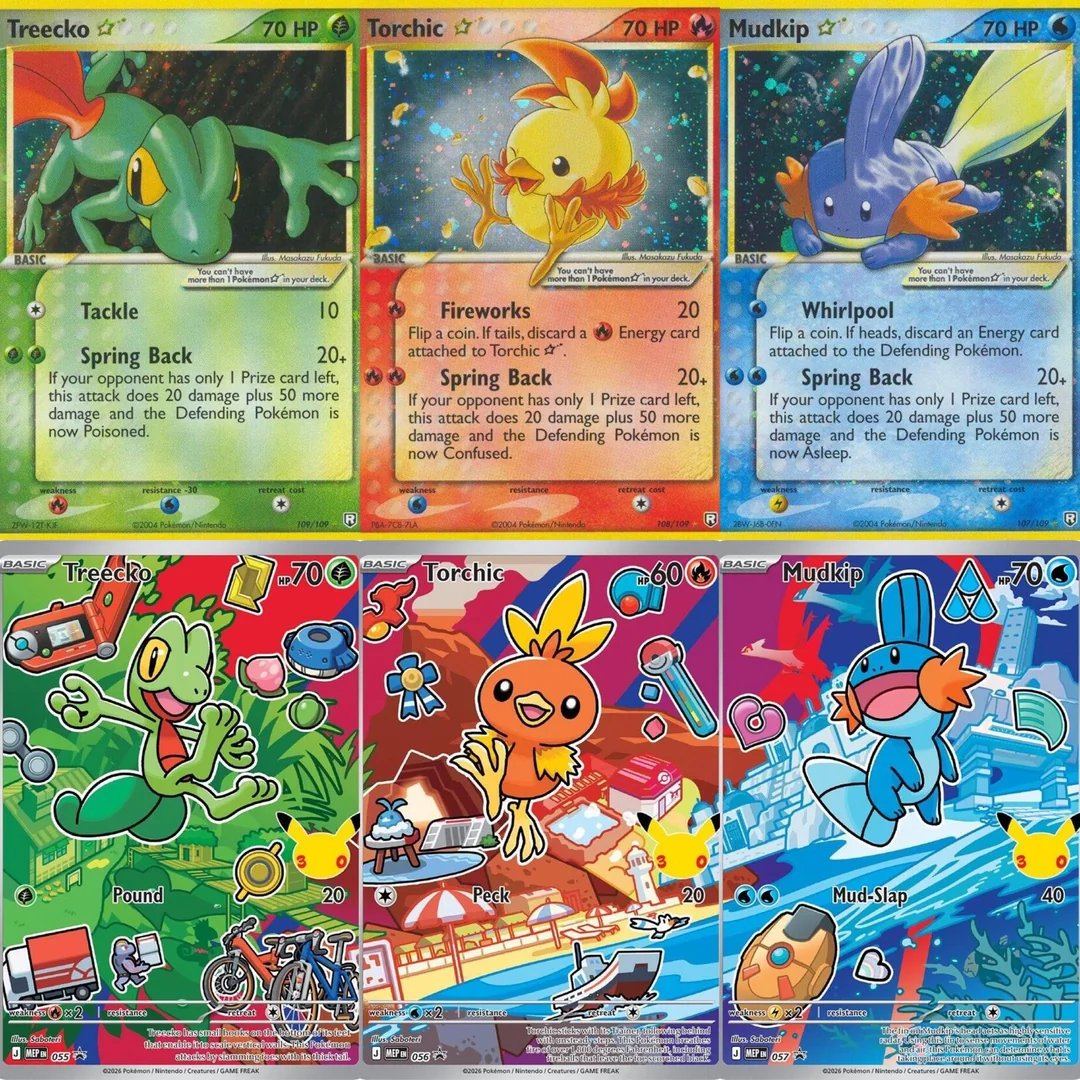 Collect's tweet photo. The Hoenn starter Pokémon in 2004 vs. 2026 https://t.co/CJtp5jp9XR