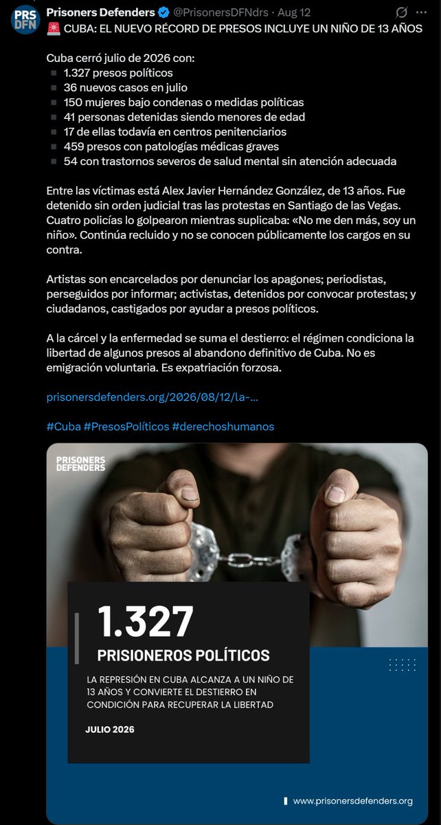 cubaustralia's tweet photo. EL NUEVO RÉCORD DE PRESOS INCLUYE UN NIÑO DE 13 AÑOS  Cuba cerró julio de 2026 con: 1.327 presos políticos  36 nuevos casos en julio  41 personas detenidas siendo menores de edad  17 de ellas todavía en centros @PrisonersDFNdrs #doittrumpdoit #cubanext @SecRubio @realDonaldTrump @alexotaola @PeteHegseth