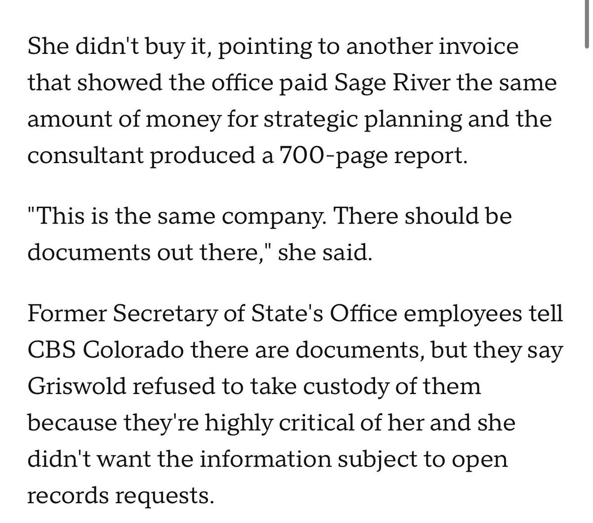 logiclives's tweet photo. Two deputy secretaries, three chief legal counsels and four chiefs of staff in TWO years. That was the culture in Jena Griswold’s office in 2021. The office paid $25k of TAXPAYER dollars to a consulting firm for a report and findings. The office now says they don’t have the report to hand over for a records request. This is the woman running for AG this fall, yikes. 

Former employees allege Griswold didn’t retain the report as it had findings that could reflect negatively on her. Today is the deadline for the SOS office to turn over the documents or be held in contempt. What’s going to be the outcome….. this could be a massive story so stay tuned!