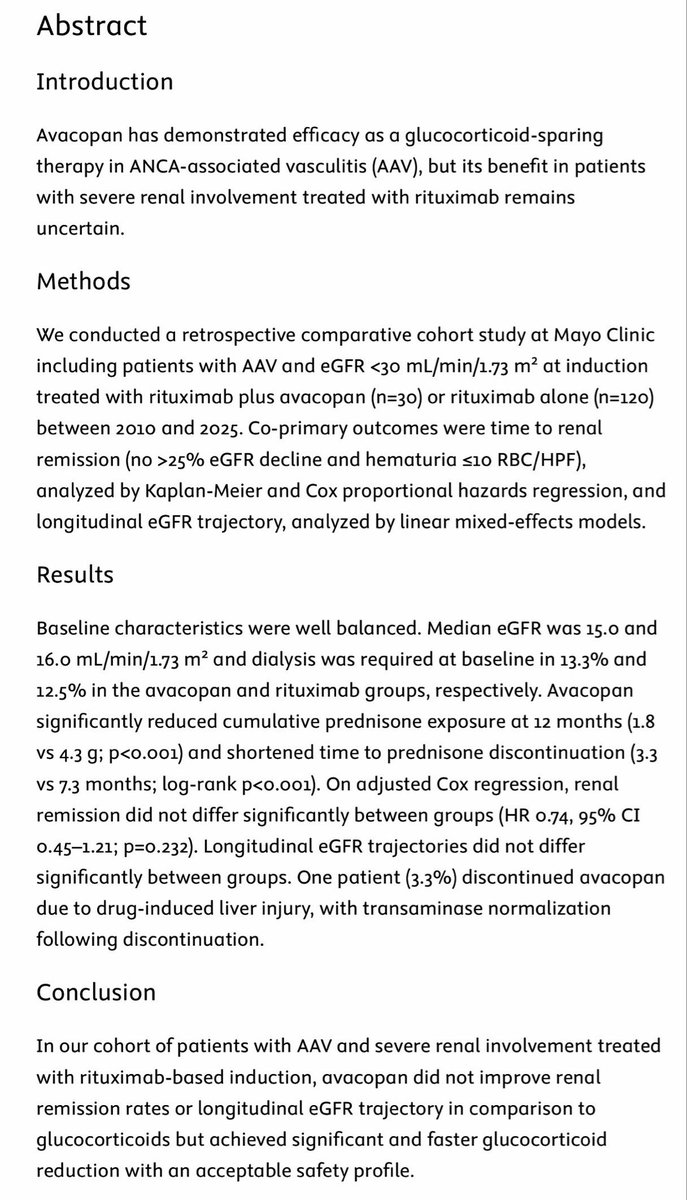 josearriolam's tweet photo. Excited to share our new publication in Kidney International Reports! 👏🏽🙌🏼🔥🎉@KIReports 

Congratulations to my friend and colleague Dr. Cristián Juanet, who led this important study evaluating rituximab with or without avacopan in ANCA-associated vasculitis with severe renal involvement, under the mentorship of Dr. Ladan Zand @LadanZand and Dr. Fernando Fervenza @fervenzaf 

Grateful to have contributed to this work and especially thankful to the Mayo Clinic Nephrology Fellowship @MayoClinicNeph for the mentorship, collaboration, and opportunities to grow as a clinician and researcher. @MayoClinic 

https://t.co/KWzP14990R