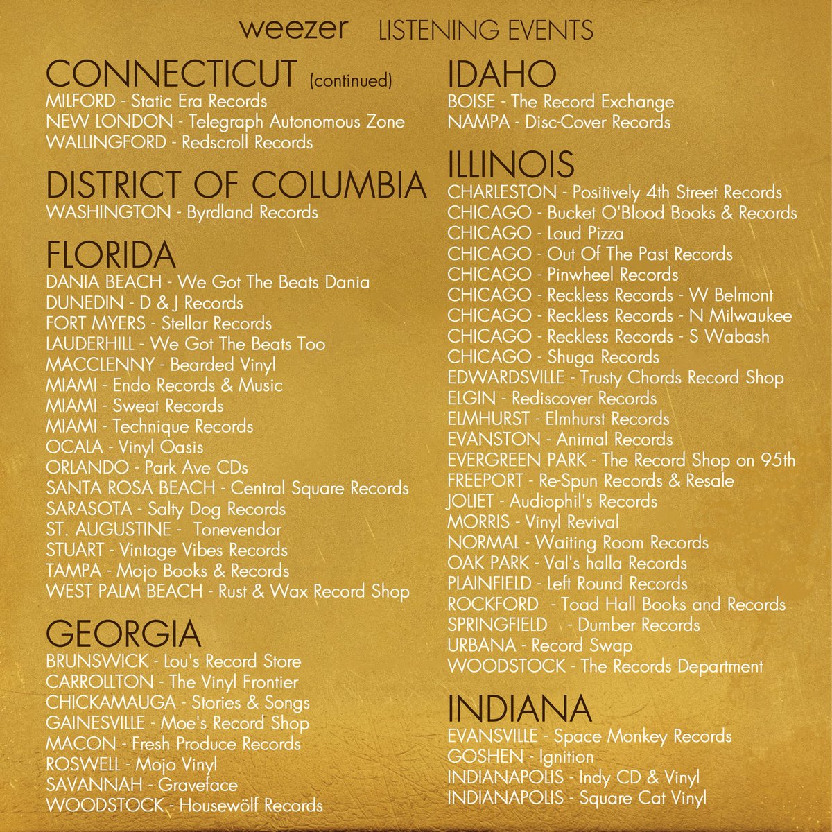 Weezer's tweet photo. We have a golden opportunity for you. Hear the new album early at participating independent record stores. Contact your local store for details. New album out August 21st. https://t.co/sf9ZLcYcgS