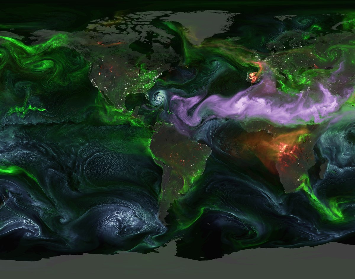 SunWeatherMan's tweet photo. Red is black carbon, purple is dust, pale blue is sea salt aerosol and green is sulfate. Image from Goddard SVS, NASA GOES Aerosols data.

Hurricane Erin is visible during this data visualization period off the coast of Florida. Hawaii is also volcanically active at this time, showing the thin green emission line to the west. Wildfire season (red) strongly contrasts with this year doesn't it?