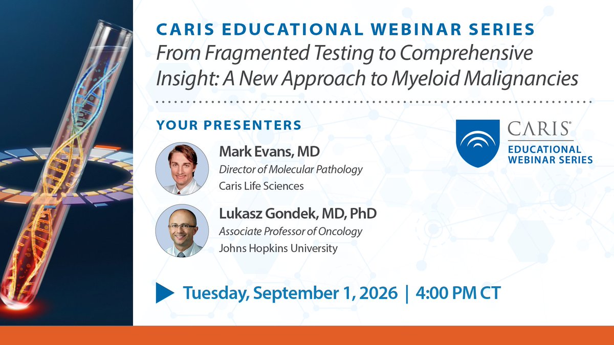carisls's tweet photo. Conventional testing for myeloid malignancies often requires multiple genetic tests and reports.

In this webinar, Mark Evans, MD, and Lukasz Gondek, MD, PhD, will discuss how Caris ChromoSeq™ uses high-coverage Whole Genome Sequencing (WGS) to support diagnosis, risk stratification and treatment selection through one integrated report.
Resister now: 

Resister now: https://t.co/6zk0Yz3CbL