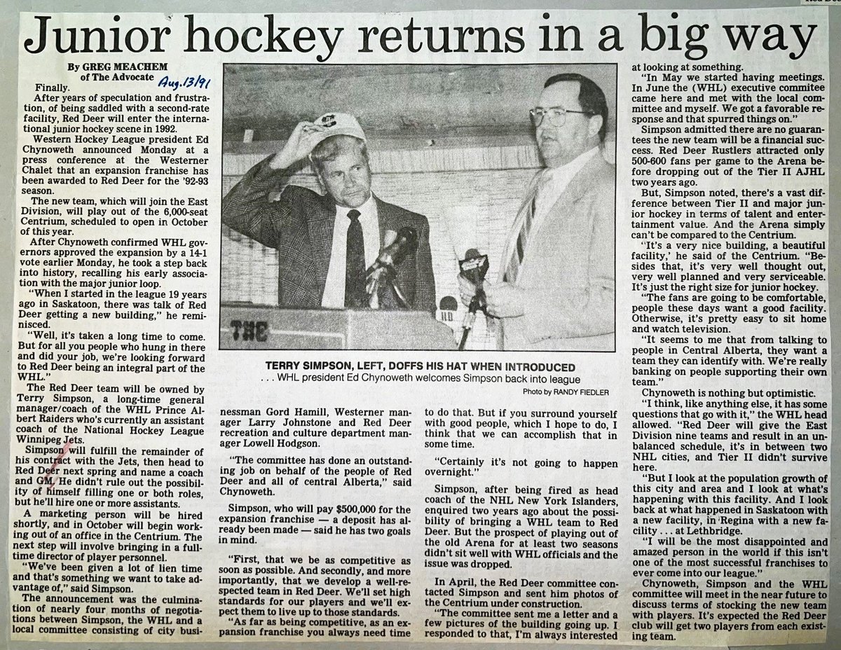 Troy_Gillard's tweet photo. Throwback Thursday...

From the Aug. 13, 1991 edition of the #RedDeer Advocate as the legend Greg Meachem spread word that the #WHL was finally coming to town!

@Rebelshockey https://t.co/S3NmCn1d9m