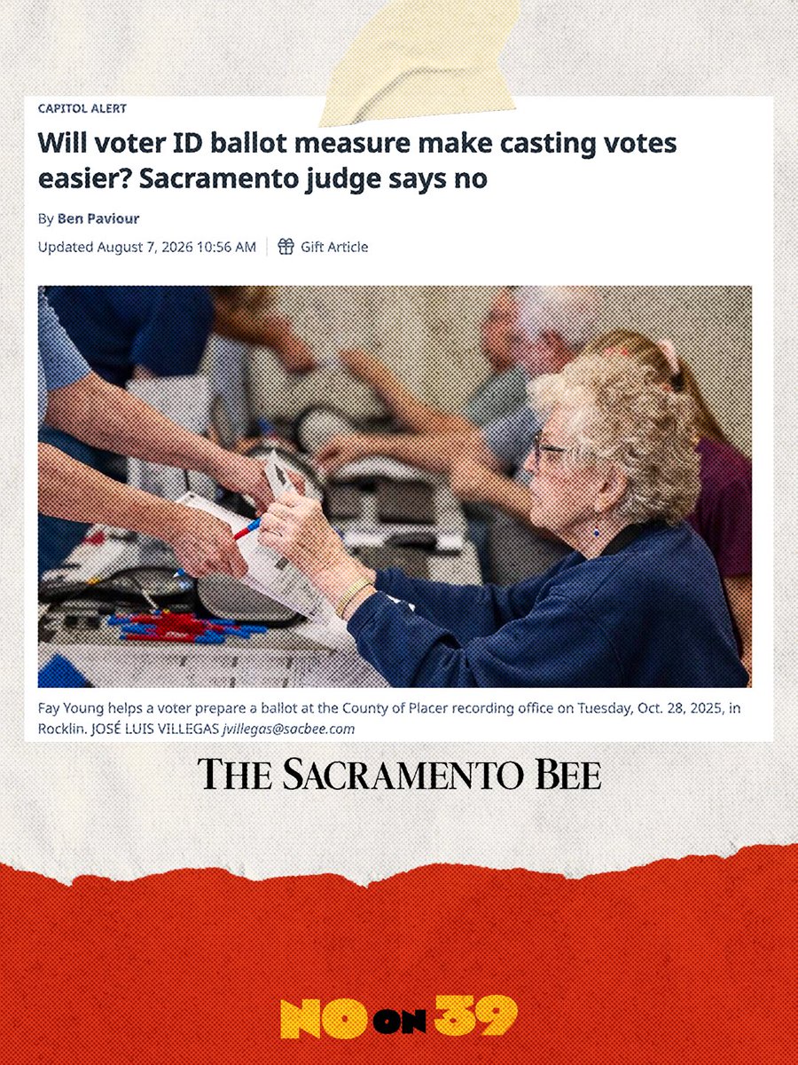 NoOnCAprop39's tweet photo. Accessible voting is a critical component to upholding our democracy. 

A Sacramento Judge agrees: Prop 39 won’t make casting votes easier.

Vote NO on Prop 39 to safeguard the votes of ALL Californians. https://t.co/rz1y8Dolu8