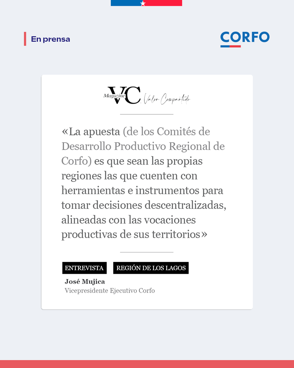 Corfo's tweet photo. En esta entrevista nuestro VPE, José Mujica, explica el trabajo de Corfo para potenciar las soluciones innovadoras surgidas desde los territorios y sus oportunidades de vinculación con grandes empresas para generar más valor y empleo.

Revisa la nota 👉 https://t.co/WC0L6oFoPL https://t.co/c9EOLBlkAS