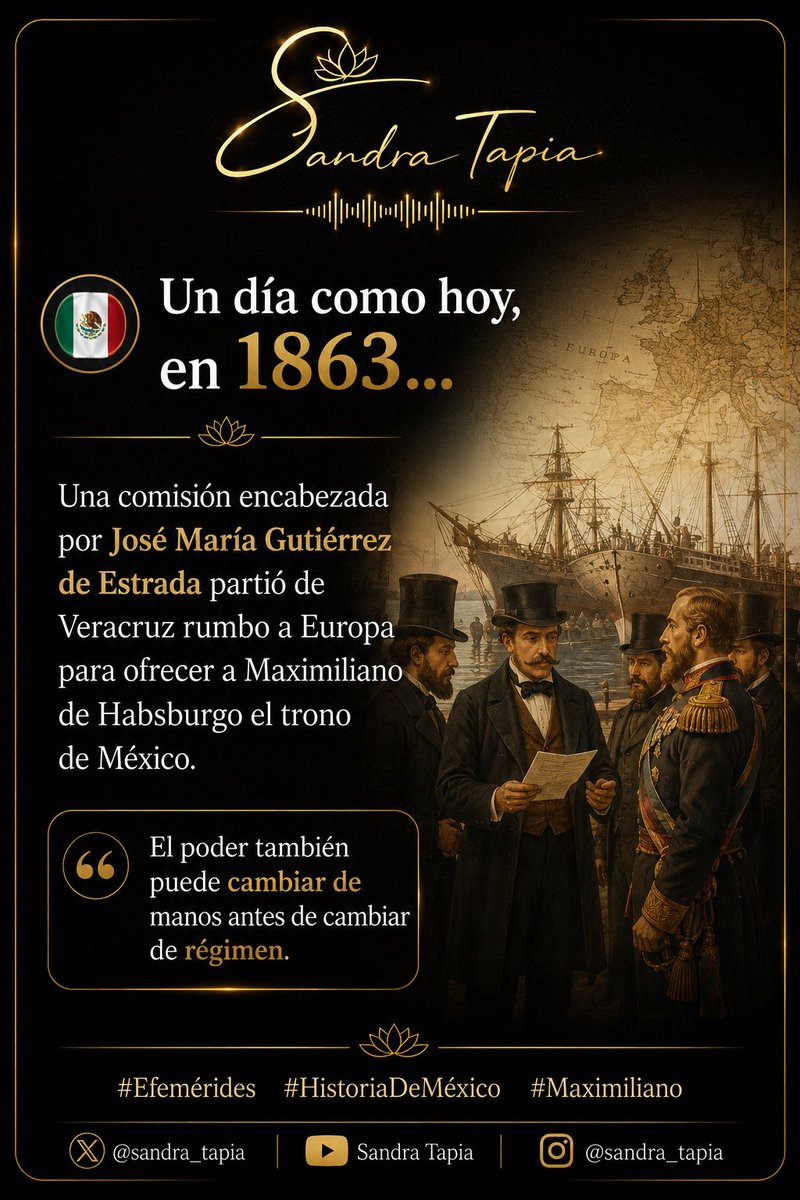 sandrabtapia's tweet photo. Un día como hoy, en 1863…

Una comisión encabezada por José María Gutiérrez de Estrada partió de Veracruz rumbo a Europa para ofrecer a Maximiliano de Habsburgo el trono de México. #17DeAgosto.

#Efemérides #HistoriaDeMéxico #Maximiliano https://t.co/tGmf14coia