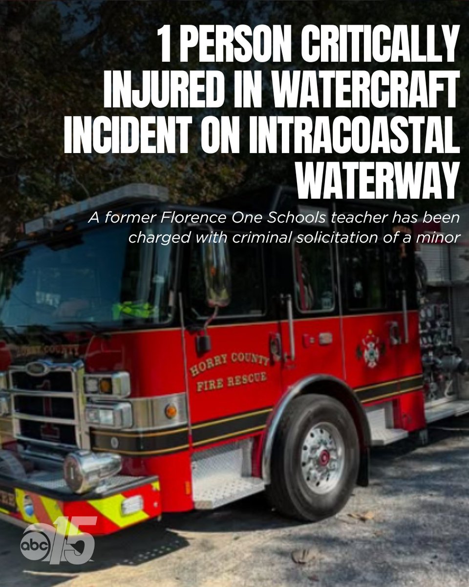 wpdeabc15's tweet photo. One person is being transported to the hospital with critical injuries following a reported watercraft incident Thursday afternoon on the Intracoastal Waterway in the Socastee community.
#horry #accident #watercraft #Socastee https://t.co/WuqhJzaSfZ