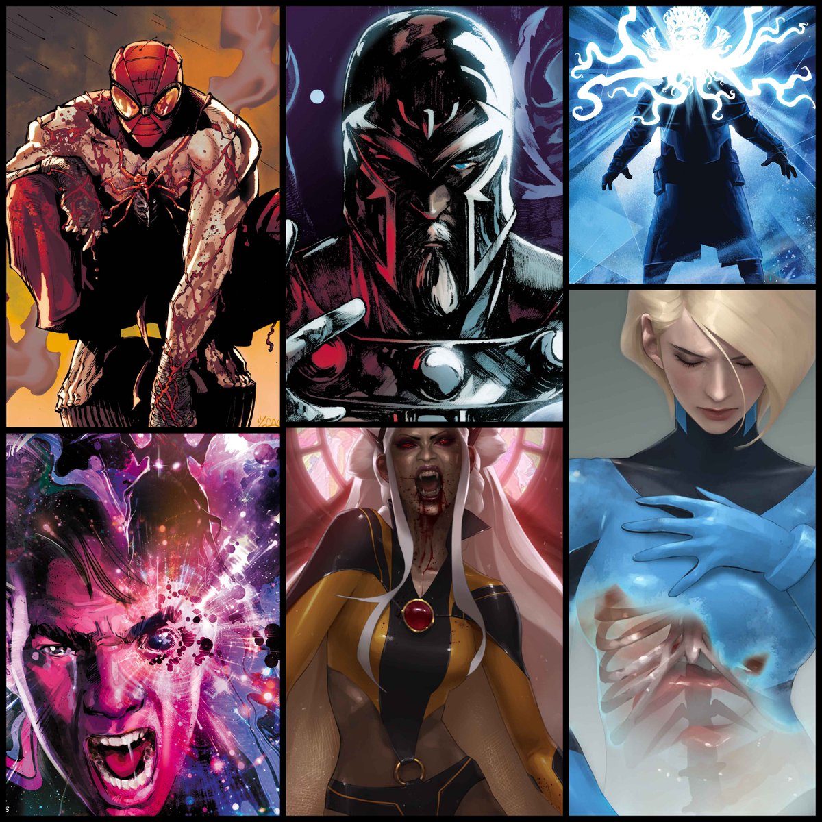 AIPTcomics's tweet photo. 🌙 New look at Marvel’s Midnight Universe!

New covers for Midnight #SpiderMan, Midnight Fantastic Four and Midnight #XMen reveal blood-soaked variants, homages, and new looks at Magneto, Scarlet Witch and Quicksilver. 

🩸The nightmare begins October 7:
https://t.co/MWQD1iOTGH https://t.co/aMt5rMaQum