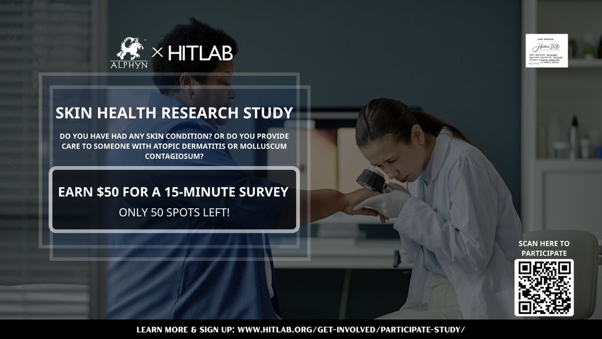 HITLABnyc's tweet photo. 🔬 IRB-Approved Skin Health Research Study | Earn $50 | Virtual | U.S. caregivers!

Are you a parent/caregiver of a child with Atopic Dermatitis (AD) or Molluscum Contagiosum?

👉Complete the survey: https://t.co/RCyneIX15Y

#AtopicDermatitis #MolluscumContagiosum #Caregivers https://t.co/grgAHQb67a