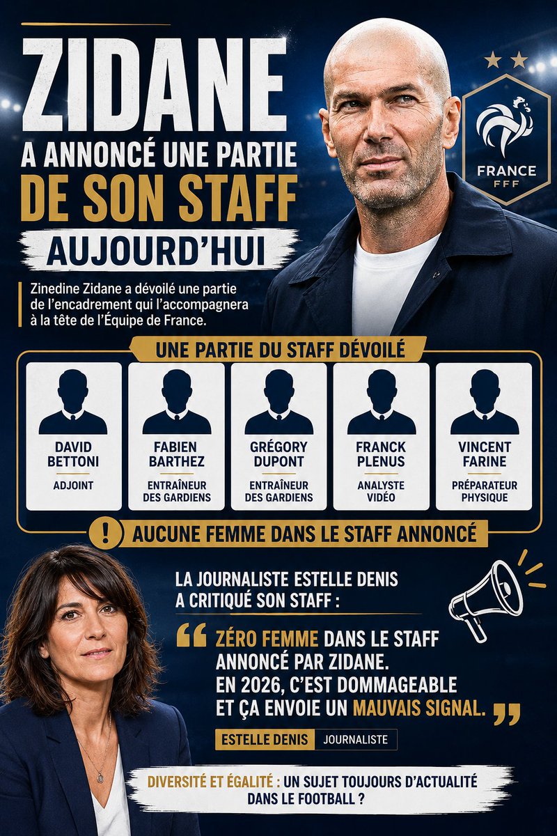 Nail1253114188's tweet photo. 🚨ZIDANE DÉVOILE UNE PARTIE DE SON STAFF 🇫🇷⚽
- Une première partie du staff de Zinedine Zidane a été dévoilée. 👀
- Estelle Denis a réagi en pointant du doigt l’absence de femmes 🎙️🔥
#Zidane #EquipeDeFrance #Estelle #Football #LesBleus #PSGAVFC #secretstory #Deschamps https://t.co/r4evnZxE3g