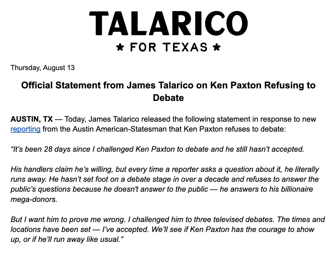 jt_ennis's tweet photo. Official Statement from James Talarico on Ken Paxton Refusing to Debate https://t.co/kSLvGZ2o6M
