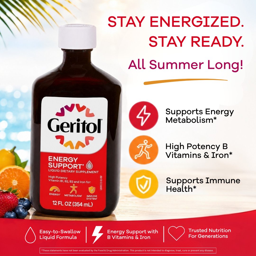 HelloGeritol's tweet photo. ☀️ Stay energized. Stay ready.
Support your summer routine with Geritol® Energy Support Liquid.
✔ Supports energy metabolism*
✔ High potency B vitamins &amp; iron*
✔ Supports immune health*

#Geritol #SummerWellness #EnergySupport https://t.co/JtC4vcd9xN