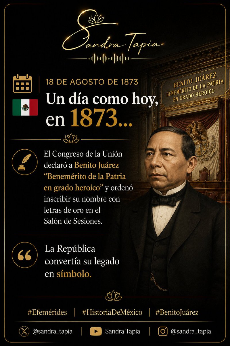 sandrabtapia's tweet photo. Un día como hoy, en 1873

El Congreso de la Unión declaró a Benito Juárez “Benemérito de la Patria” en grado heroico y ordenó inscribir su nombre con letras de oro en el Salón de Sesiones.

La República convertía su legado en símbolo.

#Efemérides #HistoriaDeMéxico #BenitoJuárez https://t.co/cuLo64l89x