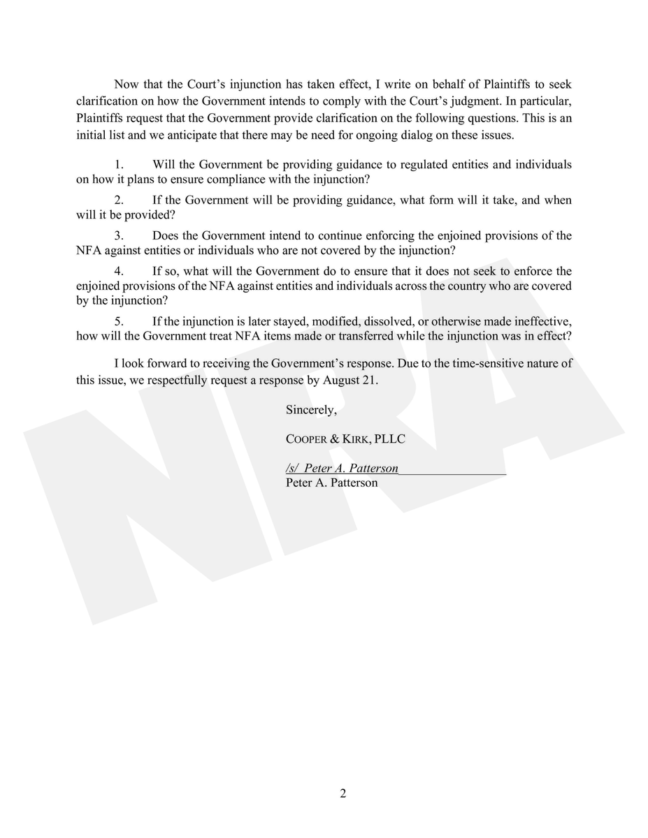 NRA's tweet photo. We’re continuing to take action in Jensen v. ATF, ensuring the federal government complies with the court’s injunction.

Today, counsel for the plaintiffs formally pressed @TheJusticeDept for answers on how it will implement the court’s judgment and ensure compliance nationwide.

Along with our partners — @AmSuppressor, @2AFDN, and @gunpolicy — we won’t stop fighting until the NFA is DISMANTLED.