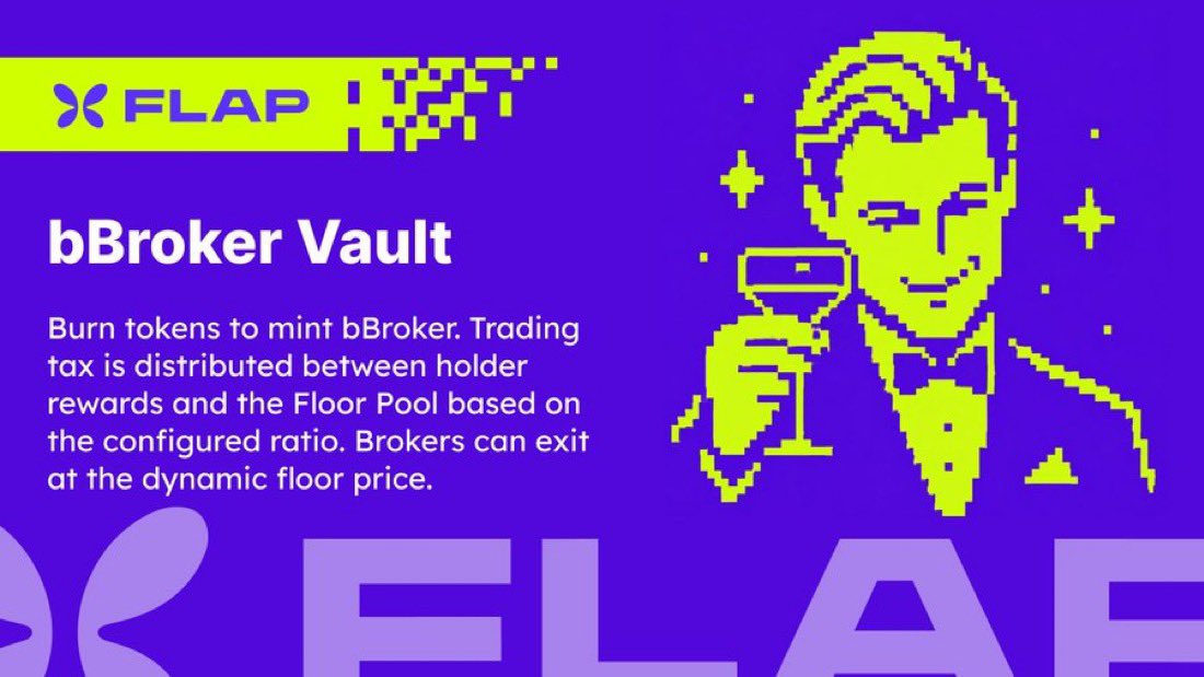 notEezzy's tweet photo. I see new tech. I ape without questions. 

I bought $bBroker on BNB as it utilises the new vaults feature @flapdotsh just released.

(Same Launchpad that marscoin-4:native launched when stock pairs were new.) 

https://t.co/bYx6z2J4jr released Flap bBroker Vaults on Binance Chain.

And it has some pretty interesting dynamics combining memes x NFTs x Tokenised Stocks

You mint NFTs by burning tokens > Token have a trading tax that goes to a Floor pool and a Dividend Pool > NFT passively earns the Dividends from Dividends Pool. 

And NFTs can be sold back to the Vault anytime at its floor price. The floor is backed 1:1 by assets accumulated in the Floor Pool.

The main runner with this new feature is $bBroker and it’s just sitting at $2.5M MC

This prob trades much higher once people start to catch on and we see more launches with the bBroker Vaults.

imo same playbook as Marscoin and I think this will gigasend in coming days. 

0xf1969f437fe3c485468fb17b0d9861c24dcd7777