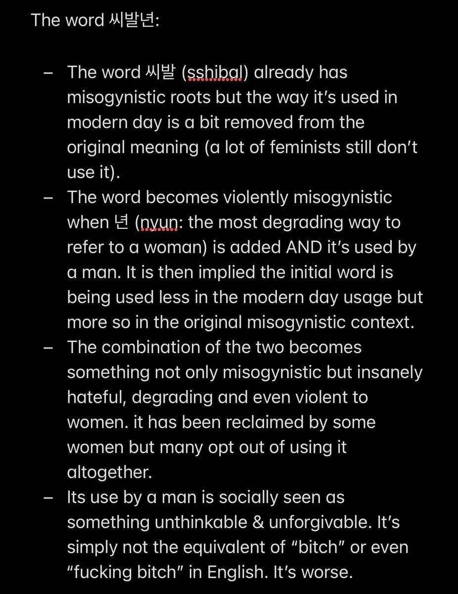 yushicheeks's tweet photo. to Koreans, the word he used is not the equivalent of “fucking bitches”, it’s worse. i share this so fans can make a more informed decision

personally, it is disappointing but it’s not hard to imagine someone under immense psychological distress &amp; paranoia regretfully using it https://t.co/PKccfaCZPf