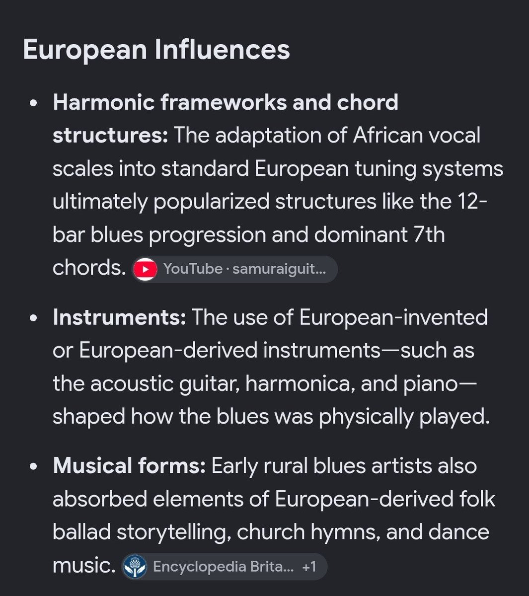 Heavenlution's tweet photo. @kuhnye25 @AnthonyGSupreme It literally says not from a single person and google also says it has european roots.

Who do u think invented the guitar, piano, keyboards etc? black music genres started in america not africa because european influence is undeniably  core to these things https://t.co/udYziRRqCN