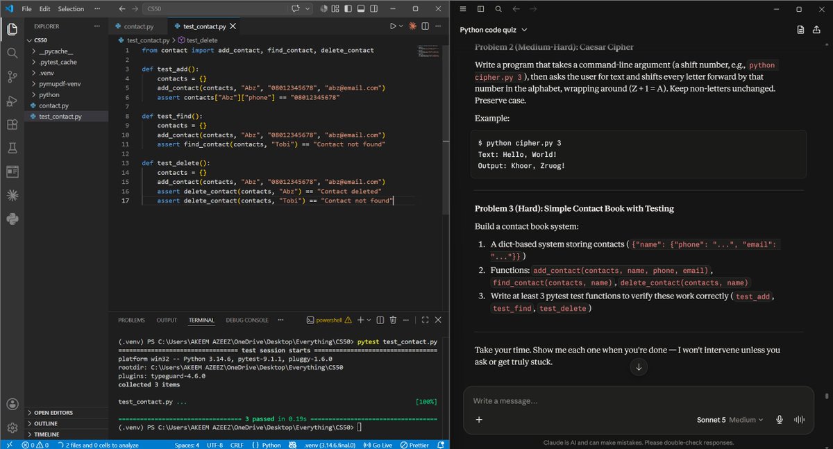 abzdevng's tweet photo. Day 30 🐍
Built a caesar cipher and a full contact book system with pytest tests, all from scratch.
Also started week 6 (CS50p): file i/o. Watched about 20 mins of the lecture, covered open(), with, and lists.

#CS50P #Python #100DaysOfCode #CodeNewbie #DevJourney #PythonBeginner https://t.co/KXxvT3iiUM