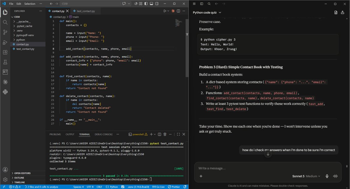 abzdevng's tweet photo. Day 30 🐍
Built a caesar cipher and a full contact book system with pytest tests, all from scratch.
Also started week 6 (CS50p): file i/o. Watched about 20 mins of the lecture, covered open(), with, and lists.

#CS50P #Python #100DaysOfCode #CodeNewbie #DevJourney #PythonBeginner https://t.co/KXxvT3iiUM