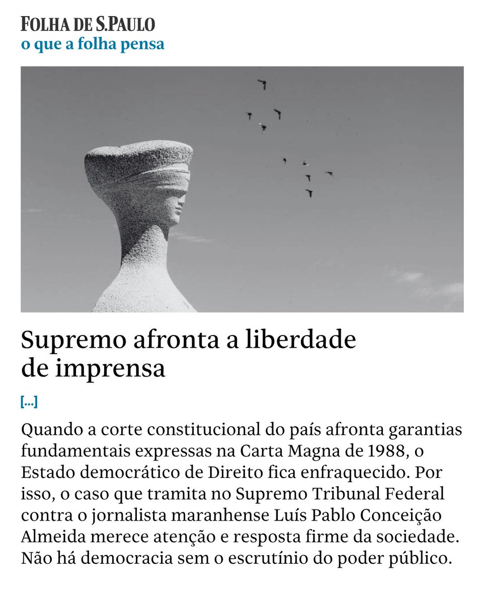 folha's tweet photo. EDITORIAL | O QUE A FOLHA PENSA | A associação do trabalho jornalístico à perseguição levou à conexão do caso com o inquérito das fake news. Criado para investigar ameaças do bolsonarismo à corte, ele alcançou enorme escopo, borrando a fronteira entre ataques à instituição e críticas legítimas a seus ministros. Por óbvio, tal analogia é perigosa: muitas reportagens investigativas exigem acompanhar atos de autoridades e obter informações confidenciais fornecidas por fontes, o que poderia ser interpretado como perseguição.

📲Leia o editorial completo na #Folha: https://t.co/Vlcux5TLbO

📷 Alan Marques/Folhapress