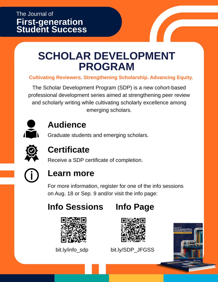 FirstgenForward's tweet photo. Register for the upcoming information session on Tuesday, August 18, at 12pm ET: The Scholar Development Program (SDP), is a new initiative of the Journal of First-generation Student Success designed to strengthen peer review and scholarly writing.  https://t.co/VPYUJq8sa8 https://t.co/kMUaRzppVw