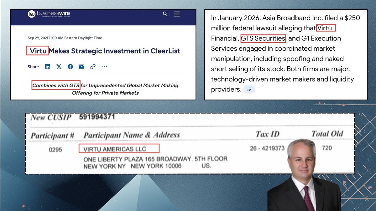 RareDealsHere's tweet photo. When you take a step back, what does the evidence appear to indicate? 

TRCH was manipulated for years, short interest was hidden overseas, the pandemic was probably seen as the potential death blow, but the company pivoted and performed a reverse-merger.

TRCH became MMAT and eventually MMTLP, so does the evidence show that Citadel, Virtu and Anson were allegedly involved with manipulating TRCH as well?

If so, it might've given Citadel and Virtu an incentive to get the Series A Preferred (MMTLP) tradeable.

I don't know what the trading data says, but circumstancial evidence points to GTS Securities (Ari Rubenstein) taking the baton once MMTLP became tradeable.

What's this based on? 

GTS also traded the Overstock dividend on the OTC against the issuer's wishes. Correct me if I'm wrong @PatrickByrne.

The very public Ari Rubenstein disappeared from social media and the public eye right before FINRA hijacked and published their version of the MMTLP Corporate Actions.

@Georgetown professor James Angel masqueraded as a shareholder, going behind the real MMTLP investors that met with congressional staffers, presenting an erroneous PowerPoint presentation that misrepresented the facts concerning the U3 halt and MMTLP.

The Community soon learned that Angel was linked to Rubenstein because he was employed by Rubenstein's now defunct Modern Markets Initiative, a HFT Advocacy Organization. (Image 2)

Angel would make posts defaming the company and showing support for FINRA and the regulators, but his program at Georgetown is directly linked to FINRA, and he never bothered to disclose his MMI employment links him directly to the Market Maker (GTS/Ari Rubenstein) that primarily traded MMTLP initially. (Image 2)

Angel showed his support for the Forbes hit piece as well! (Image 2)

When the truth about Angel and his connections to GTS and dark pool patents began to circulate, he gradually faded away and seemingly paid back some of grant money he was paid by the Government.

The links don't end with Angel though! 

Kirsten Wegner was the CEO of MMI. She had links to Forbes, Miliken, Charles Gasparino, Angel of course, and countless others. (Images 2 & 3)

Virtu was linked directly to Rubenstein and GTS because Virtu made a strategic investment in Rubenstein's Clearlist. (Image 4)

JJ Kinahan, a Senior Contributor at Forbes was also a Senior Advisor at Rubenstein's Clearlist, and he at the very least had some interactions with Kirsten Wegner. (Images 2 & 3)

Much can also be said about Rubenstein and his relationship/history with the Wall Street Journal.

So could it just be a coincidence that Angel, Doug Cifu (Virtu) and Forbes attempted to discredit the MMTLP Community, while also having direct links to Ari Rubenstein (GTS/Clearlist), who also served on FINRA's Market Surveillance Advisory Group? @FBI