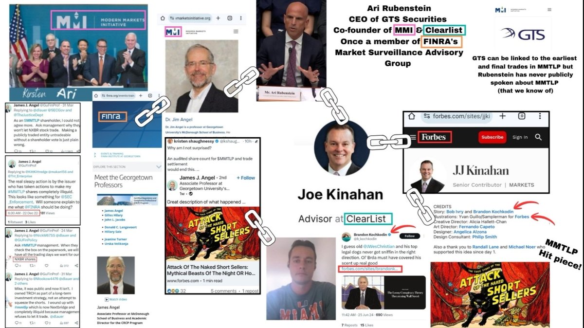 RareDealsHere's tweet photo. When you take a step back, what does the evidence appear to indicate? 

TRCH was manipulated for years, short interest was hidden overseas, the pandemic was probably seen as the potential death blow, but the company pivoted and performed a reverse-merger.

TRCH became MMAT and eventually MMTLP, so does the evidence show that Citadel, Virtu and Anson were allegedly involved with manipulating TRCH as well?

If so, it might've given Citadel and Virtu an incentive to get the Series A Preferred (MMTLP) tradeable.

I don't know what the trading data says, but circumstancial evidence points to GTS Securities (Ari Rubenstein) taking the baton once MMTLP became tradeable.

What's this based on? 

GTS also traded the Overstock dividend on the OTC against the issuer's wishes. Correct me if I'm wrong @PatrickByrne.

The very public Ari Rubenstein disappeared from social media and the public eye right before FINRA hijacked and published their version of the MMTLP Corporate Actions.

@Georgetown professor James Angel masqueraded as a shareholder, going behind the real MMTLP investors that met with congressional staffers, presenting an erroneous PowerPoint presentation that misrepresented the facts concerning the U3 halt and MMTLP.

The Community soon learned that Angel was linked to Rubenstein because he was employed by Rubenstein's now defunct Modern Markets Initiative, a HFT Advocacy Organization. (Image 2)

Angel would make posts defaming the company and showing support for FINRA and the regulators, but his program at Georgetown is directly linked to FINRA, and he never bothered to disclose his MMI employment links him directly to the Market Maker (GTS/Ari Rubenstein) that primarily traded MMTLP initially. (Image 2)

Angel showed his support for the Forbes hit piece as well! (Image 2)

When the truth about Angel and his connections to GTS and dark pool patents began to circulate, he gradually faded away and seemingly paid back some of grant money he was paid by the Government.

The links don't end with Angel though! 

Kirsten Wegner was the CEO of MMI. She had links to Forbes, Miliken, Charles Gasparino, Angel of course, and countless others. (Images 2 & 3)

Virtu was linked directly to Rubenstein and GTS because Virtu made a strategic investment in Rubenstein's Clearlist. (Image 4)

JJ Kinahan, a Senior Contributor at Forbes was also a Senior Advisor at Rubenstein's Clearlist, and he at the very least had some interactions with Kirsten Wegner. (Images 2 & 3)

Much can also be said about Rubenstein and his relationship/history with the Wall Street Journal.

So could it just be a coincidence that Angel, Doug Cifu (Virtu) and Forbes attempted to discredit the MMTLP Community, while also having direct links to Ari Rubenstein (GTS/Clearlist), who also served on FINRA's Market Surveillance Advisory Group? @FBI