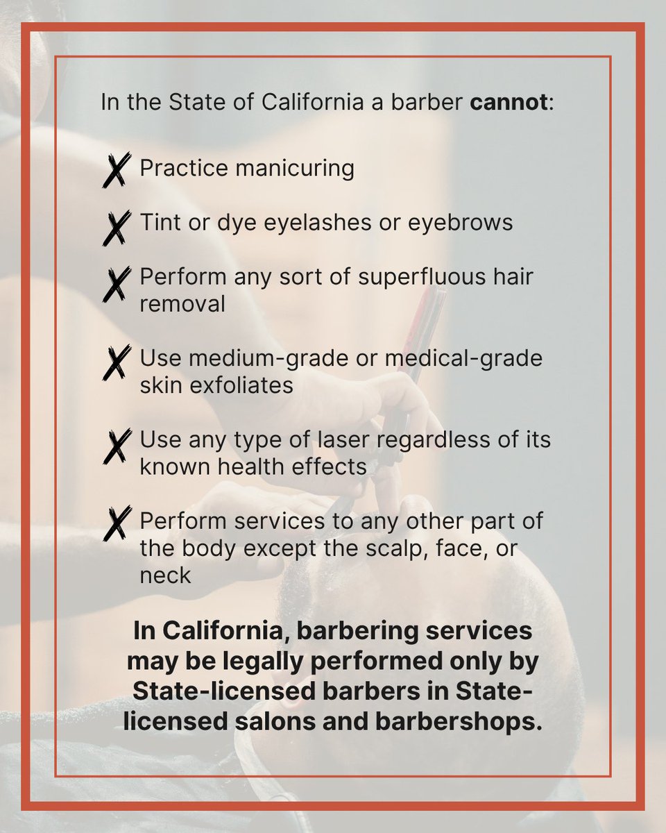 CA_BBC's tweet photo. Barbers are licensed and regulated in California by the Board of Barbering and Cosmetology. The Board works to ensure that barbers follow State law and infection control standards. https://t.co/5INpHOZnLt