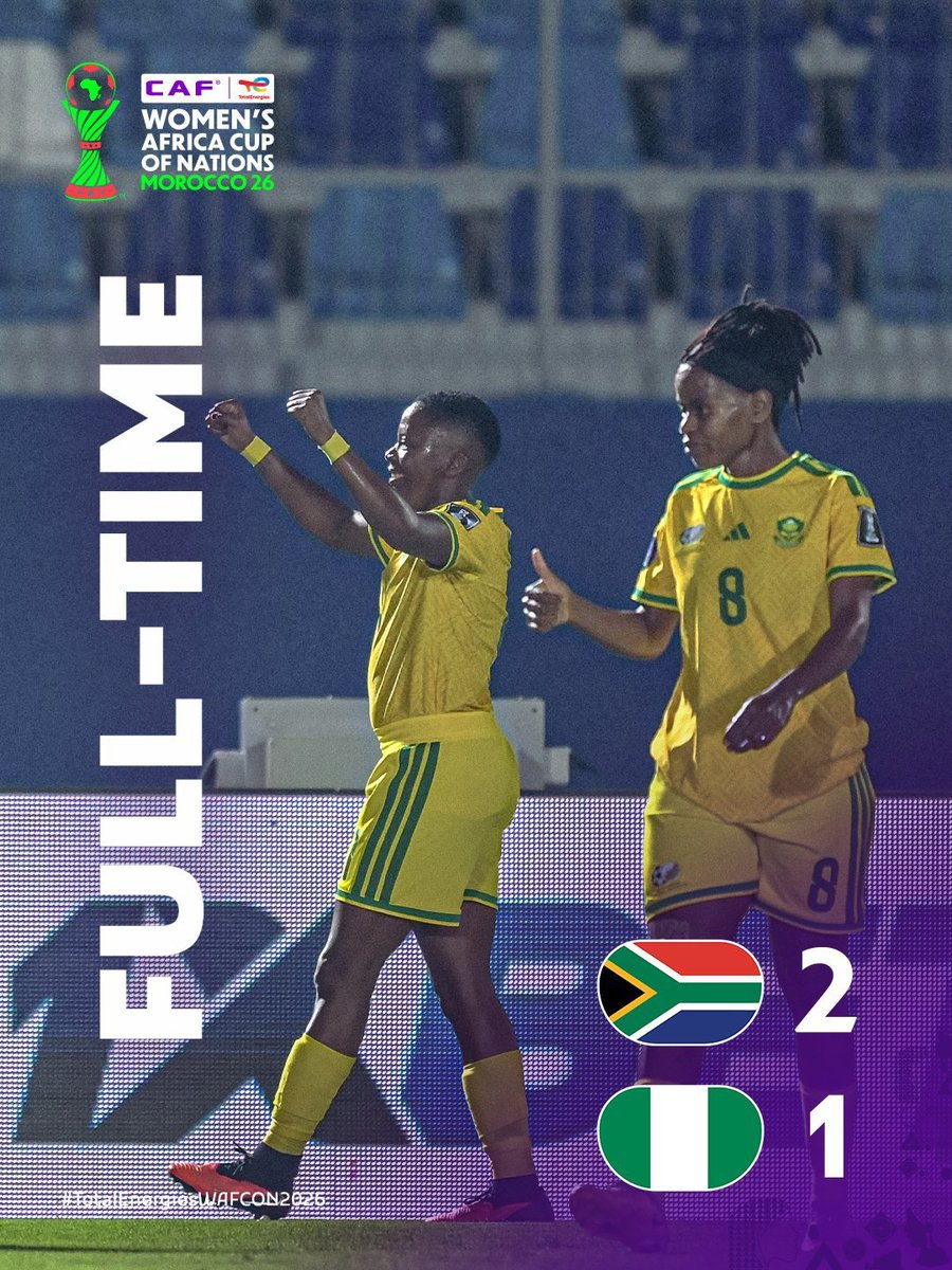 D_KingJay's tweet photo. South Africa 🇿🇦 defeat Nigeria 🇳🇬 2-1 to secure their spot in the 2027 FIFA Women's World Cup Inter-confederation Play-off Tournament.

The Falcons miss out of the world cup for the first time since it started in 1991. https://t.co/P42u7aH7KG