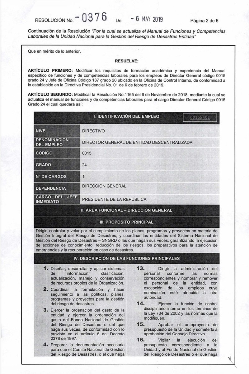 CarlosCarrilloA's tweet photo. Respetado Melquisedec, el ajuste para que el Director de la @UNGRD pudiera posesionarse con cualquier título profesional y 25 meses de experiencia (2 años) no lo hizo el gobierno Petro. Lo hizo el gobierno de @IvanDuque mediante la Resolución 0376 del 6 de mayo de 2019, firmada por Eduardo J. González, acatando la Directiva Presidencial 01 de 2019.
Aquí están las pruebas documentales. 
¡Un poco de rigor antes de desinformar!