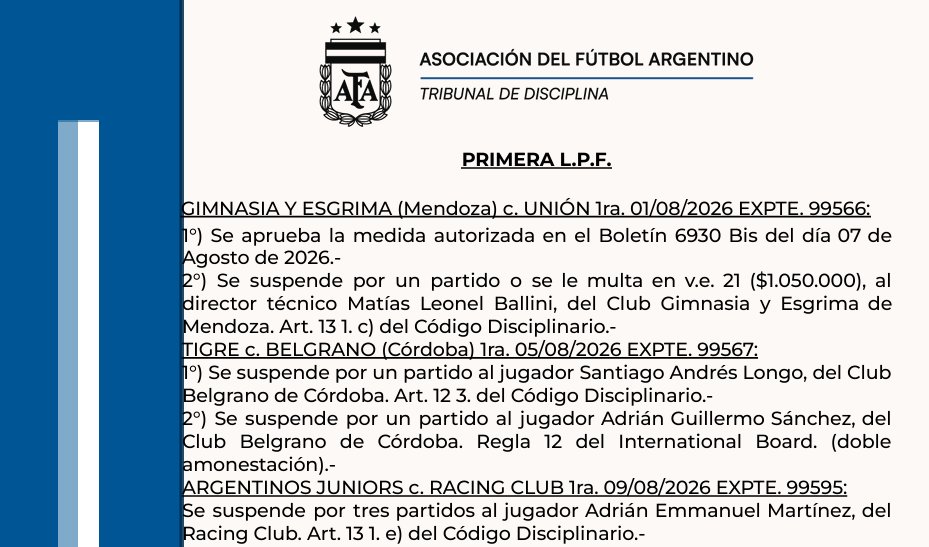 FutbolFichajes's tweet photo. 🚨 OFICIAL: Adrián Martínez 🇦🇷 recibió tres fechas de suspensión y no jugará contra Boca Juniors 🇦🇷.

Como era de esperarse en el cada vez más manchado y manoseado fútbol argentino 🇦🇷, el Tribunal de Disciplina de la AFA 🇦🇷 le dio a Maravilla más de una jornada fuera de los campos de juego y Racing Club 🇦🇷 pierde a su figura para el partido contra el Xeneize.

Para tener como referencia, hubo otra roja directa en esta misma fecha y fue para Santiago Longo 🇦🇷, de Belgrano 🇦🇷, quien apenas fue sancionado con un encuentro.

Mientras Claudio Tapia 🇦🇷 y Federico Beligoy 🇦🇷 sigan como presidente y director nacional de arbitraje de la AFA, respectivamente, todo seguirá igual.

Ninguno de los dos estuvo a la altura de semejantes cargos, sino que eligieron utilizar el poder para ayudar constantemente y sin vergüenza a Boca Juniors 🇦🇷.

Tenemos el fútbol argentino 🇦🇷 que nos merecemos, porque ningún dirigente va en contra de esto.
