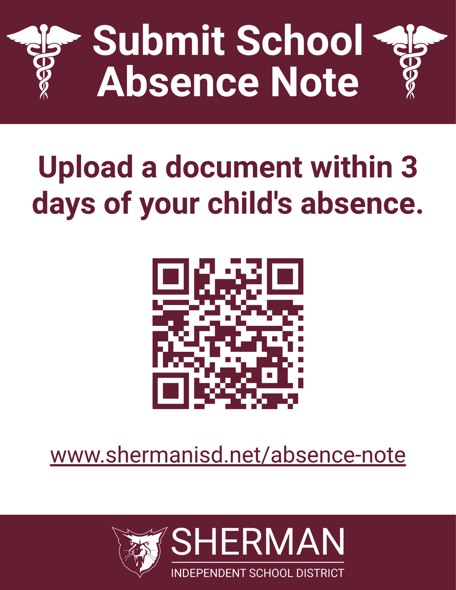 ShermanISD's tweet photo. 🏫 We want your child in school! But when absences happen, we’ve made submitting notes easier this school year. 📱 Snap a photo of a parent or doctor’s note &amp; submit online: https://t.co/WItFGfgH8h https://t.co/oM7Fe4qBrV