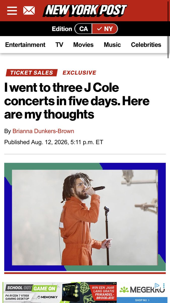 coleworldcharts's tweet photo. Brianna Dunkers-Brown from the New York Post, who went to 3 cole concerts in 5 days writes on The Fall-Off Tour stops in NY. She had nothing short of praise for J. Cole : 

- On the stripped-back production: “no hype man, no background dancers, no outfit changes, no crazy pyro”

-On his performance: “The breath control was crazy. He was really rapping every word.”

-On his stage presence: “he brought stage presence, energy, and bars to every single show.”

-On authenticity: “He meant every word he said up there and because of that we really felt him.”

-On his professionalism: “He was in control of the show, well-rehearsed and prepared”

-On his status: “calling him anything but a legend [is] indefensible.”

-On retirement: “He is absolutely not retiring. He is at the top of his game and only getting better.”

Read the article in full here : https://t.co/uw8wZN9OU7