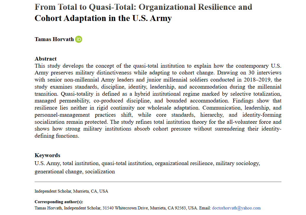 AFS_SAGE's tweet photo. New in #OnlineFirst! From Total to Quasi-Total: Organizational Resilience and Cohort Adaptation in the U.S. Army - Tamas Horvath, 2026 https://t.co/Toa1PUFt6P https://t.co/Ru0kdS03E1