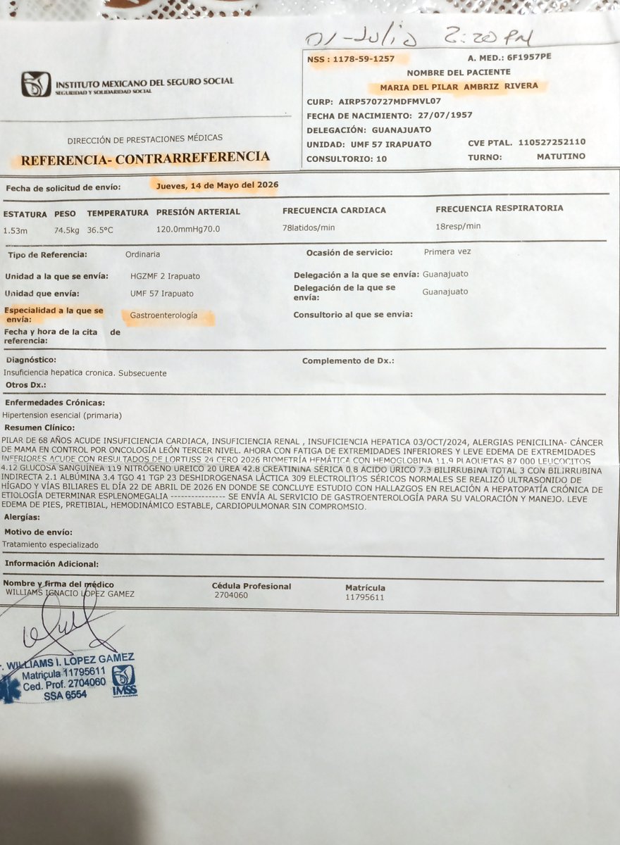 jrsamanog's tweet photo. Solicitó apoyo para programar cita con gastroenterólogo para mí esposa debió ser en febrero el seguimiento anual y no hay se logró para el 1 de julio y el médico no acudió a trabajares por cirrosis hepática no alcoholica adjunto datos paciente 
@Tu_IMSS https://t.co/0PljpcqnZz