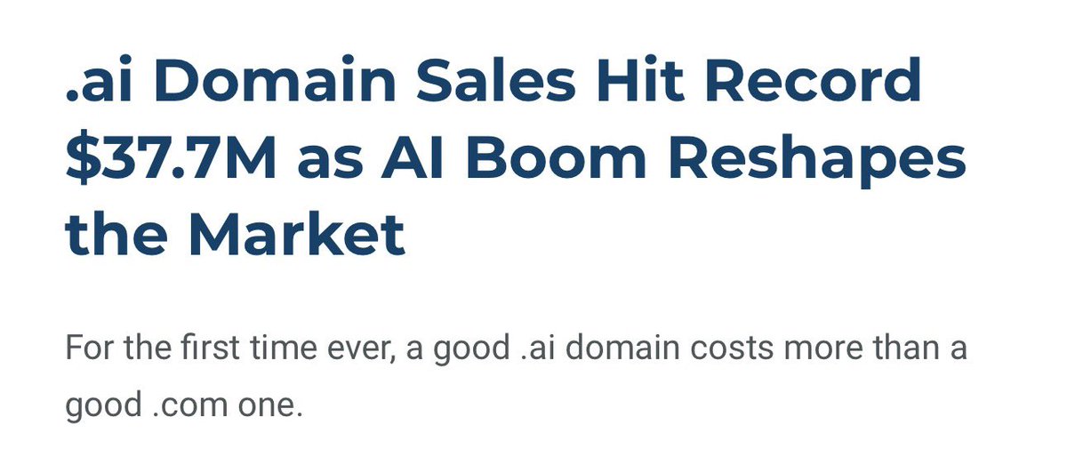goexpired's tweet photo. This claim from @Escrow_com is quite something:

“For the first time ever, a good .ai domain costs more than a good .com one.”

That’s not just hype. 

It’s highly misleading.

There are presumably far more genuinely great exact-word .ai domains available for sale than equivalent .com domains. 

Most of the best .com inventory has been owned for decades and rarely changes hands.

And what exactly is a “good” domain?

If you want to claim that .ai domains now cost more than .com domains, the meaningful comparison would be the same SLD across both extensions:

Word .ai vs. Word .com.

Take a meaningful sample of identical words, compare actual transaction prices, and then show us that the .ai versions consistently sell for more than their .com counterparts.

That would be interesting data.

But comparing an undefined bucket of “good .ai domains” with an undefined bucket of “good .com domains” and concluding that good .ai domains now cost more?

That’s a stretch.

.ai is booming. The sales numbers are impressive enough on their own.

There’s really no need to manufacture a narrative around them.