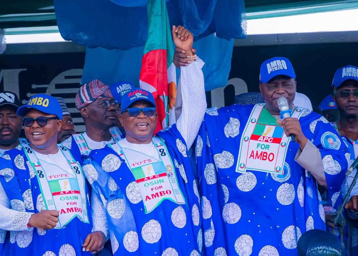 OfficialAPCNg's tweet photo. Representing President Bola Ahmed Tinubu, the President of the Senate, Senator Godswill Akpabio, alongside the APC National Chairman, Prof. Nentawe Goshwe Yilwatda, members of the National Working Committee (NWC), and other distinguished APC leaders and members, stood in solidarity with and expressed unwavering support for our governorship candidate, Asiwaju Munirudeen Bola Oyebamiji (AMBO), at the APC Osun State Governorship Campaign Grand Finale in Osogbo, ahead of Saturday’s election.
