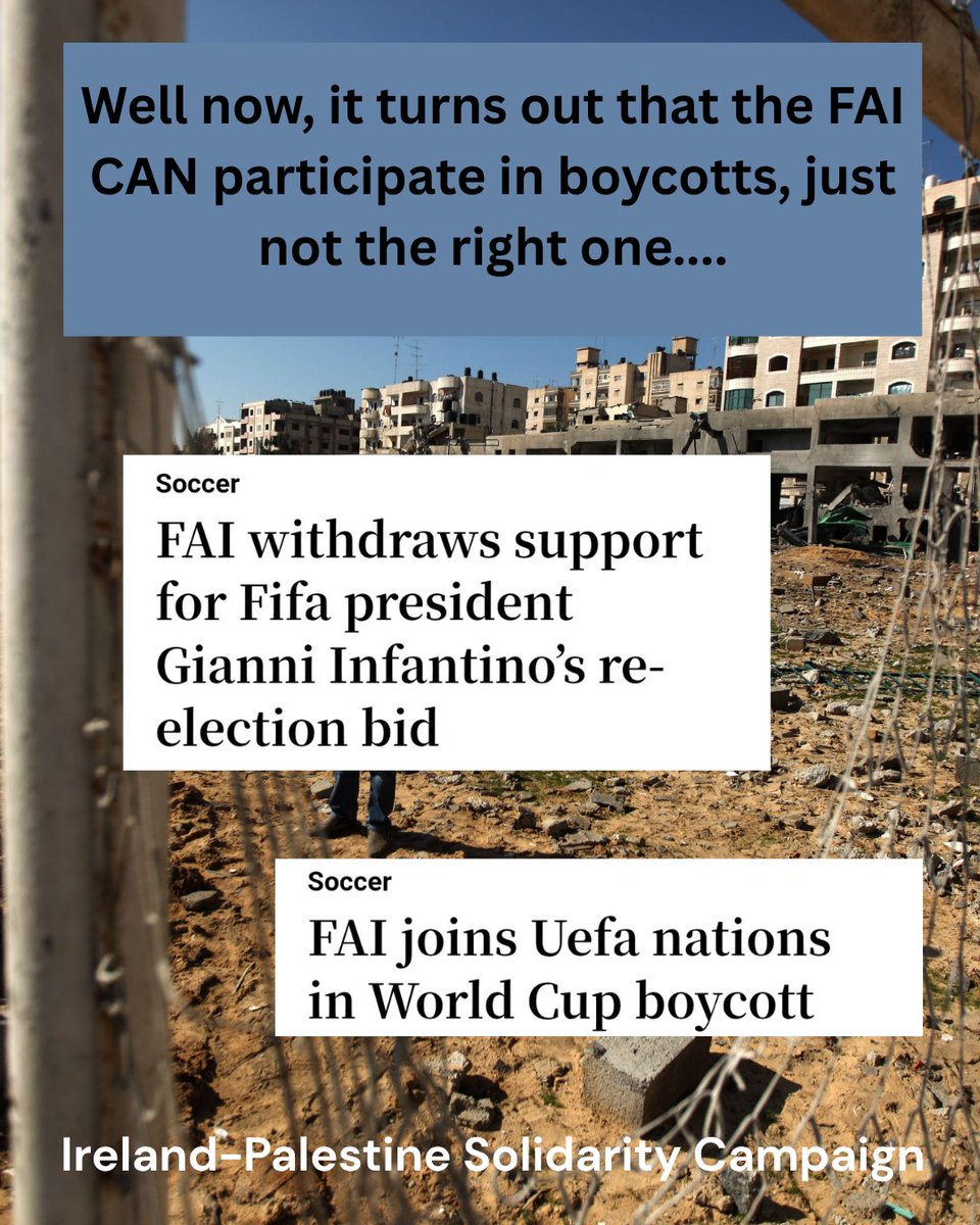 ipsc48's tweet photo. So, the FAI can participate in football boycotts, just not when it comes to the most crucial issue which is not sportswashing apartheid Israel’s genocide of Palestinians. *Yet again*, the double standards are stark and outrageous. Cancel the fixtures against Israel. #StopTheGame https://t.co/MsYTDG1exw
