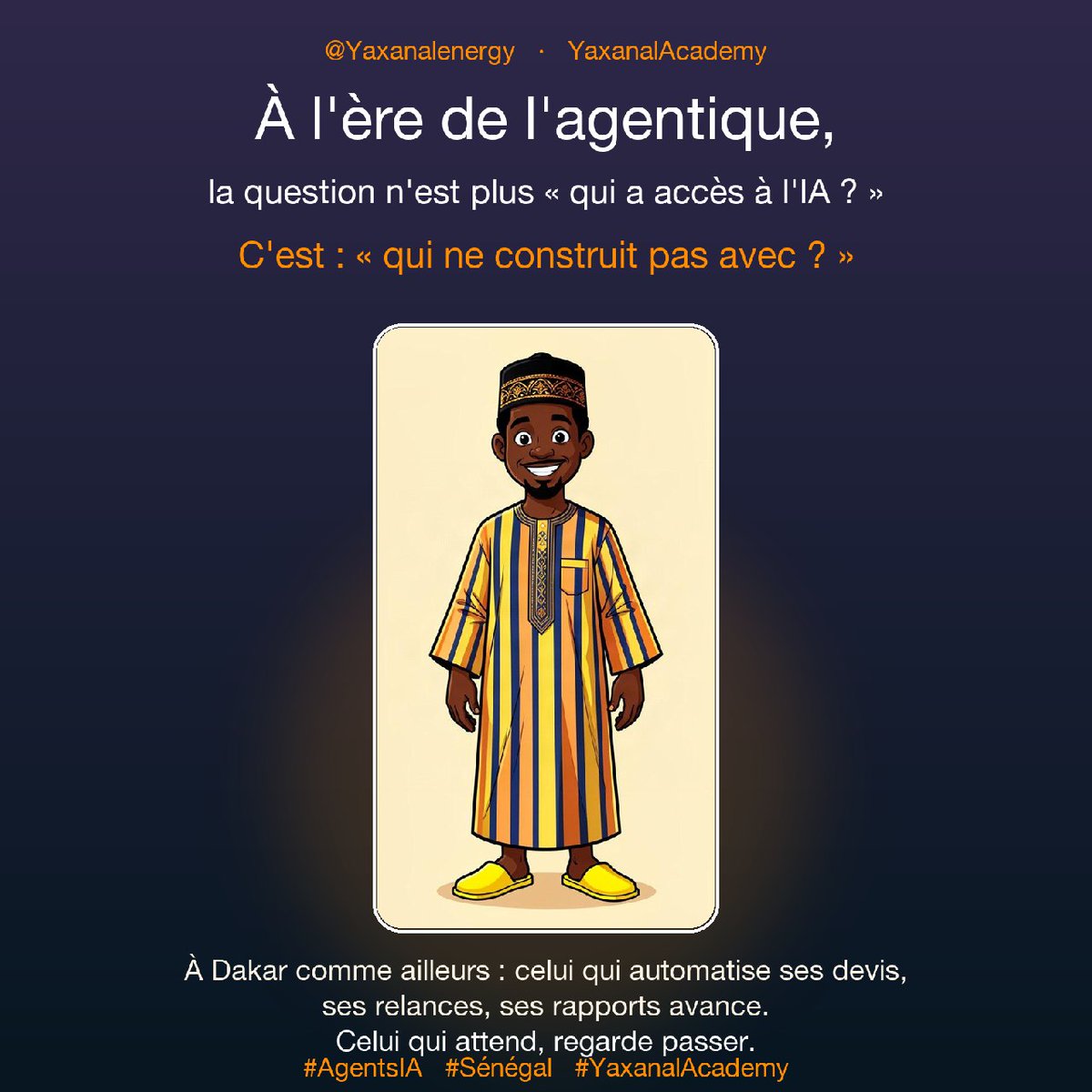 malosn's tweet photo. À l'ère de l'agentique, la question n'est plus de savoir « qui a accès à l'IA ? » mais
« qui ne construit pas avec ? »
À Coki comme ailleurs : celui qui automatise ses devis, ses relances, ses rapports avance.
#AgentsIA #Sénégal #YaxanalAcademy https://t.co/Gbrap4iVGP