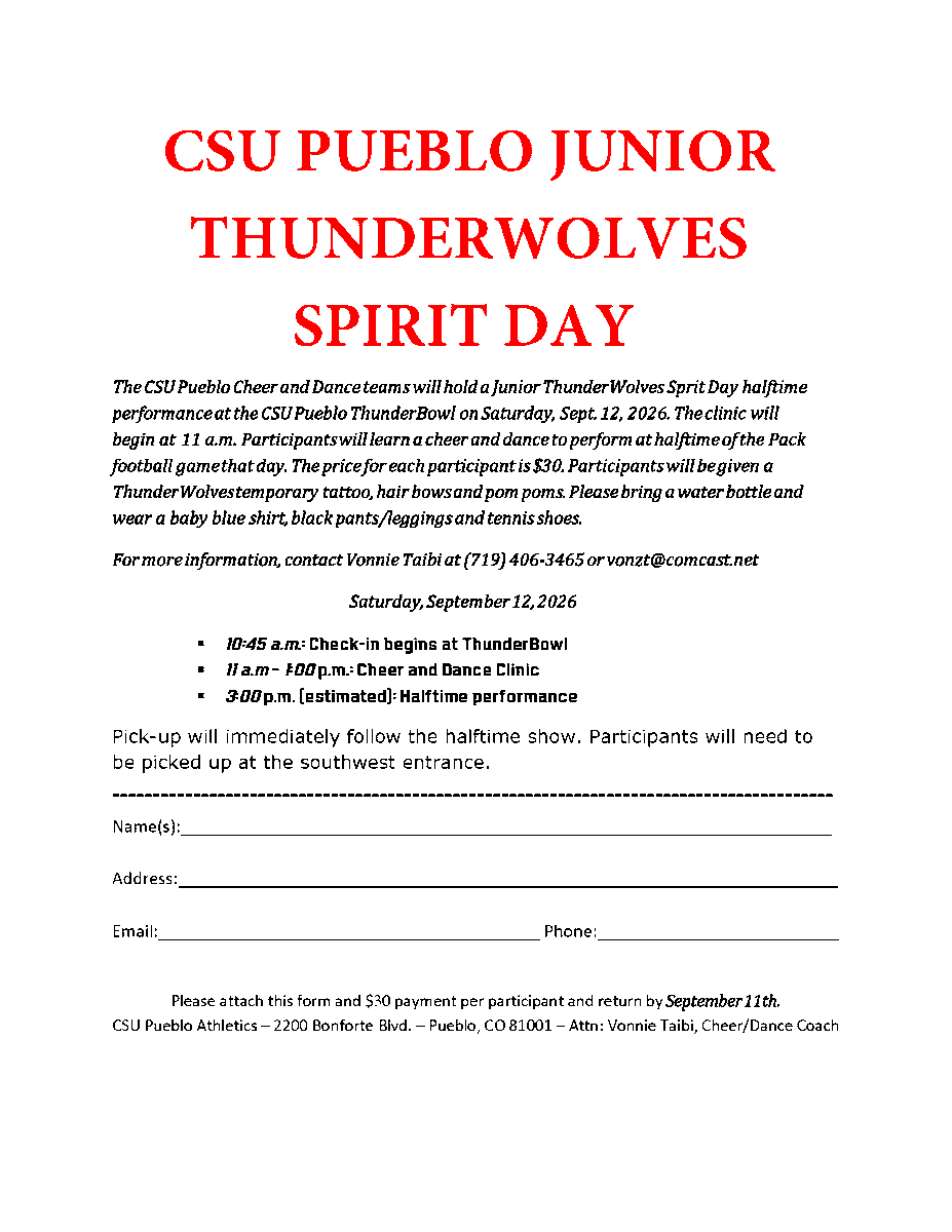 gothunderwolves's tweet photo. 🐺📣 Calling all future ThunderWolves!
Join CSU Pueblo Cheer &amp; Dance for Junior ThunderWolves Spirit Day on Saturday, Sept. 12

Come out and cheer the Pack and learn a fun routine!

💲 $30 per athlete
📣 Ages 4-18
🔗 Download and return the attached registration form to sign up https://t.co/I44TXKkjeM