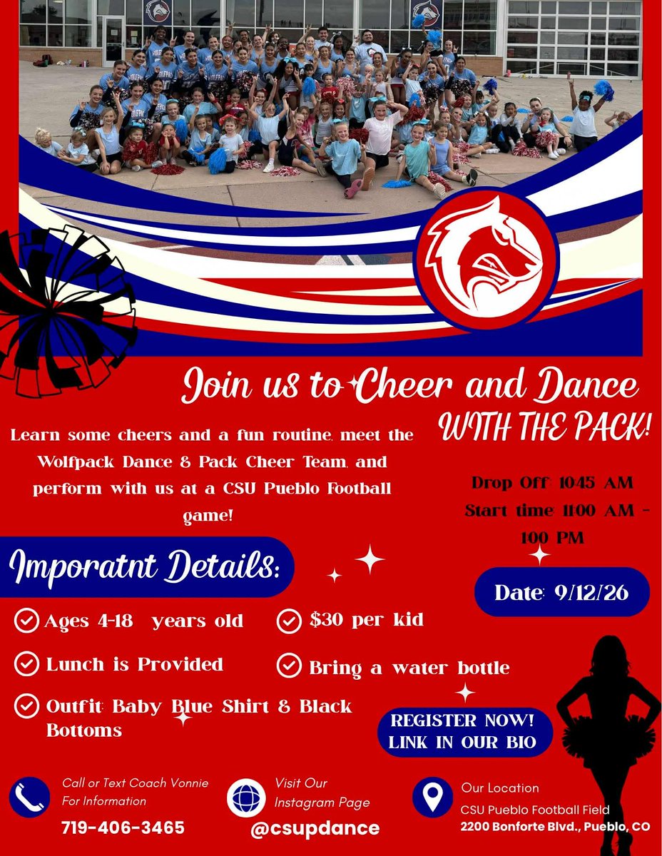 gothunderwolves's tweet photo. 🐺📣 Calling all future ThunderWolves!
Join CSU Pueblo Cheer &amp; Dance for Junior ThunderWolves Spirit Day on Saturday, Sept. 12

Come out and cheer the Pack and learn a fun routine!

💲 $30 per athlete
📣 Ages 4-18
🔗 Download and return the attached registration form to sign up https://t.co/I44TXKkjeM