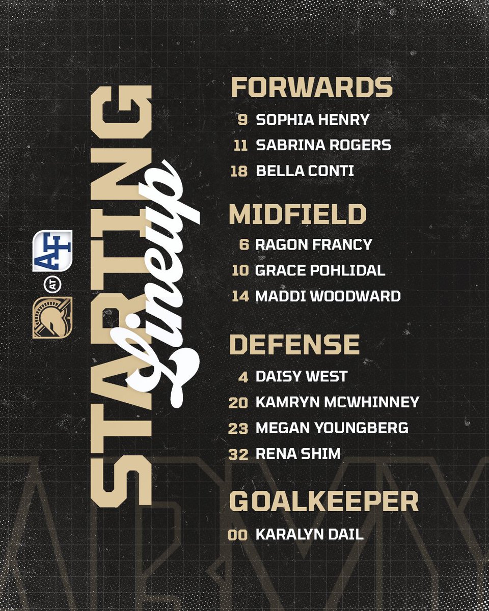 ArmyWP_WSoccer's tweet photo. Starting Lineups for tonight's season debut at Air Force

#GoArmy #BeatAirForce 

📊- StatBroadcast | https://t.co/050fnmfkEY 
📺- MW+ | https://t.co/slNE1sgbLt https://t.co/rBDDmYDIoc