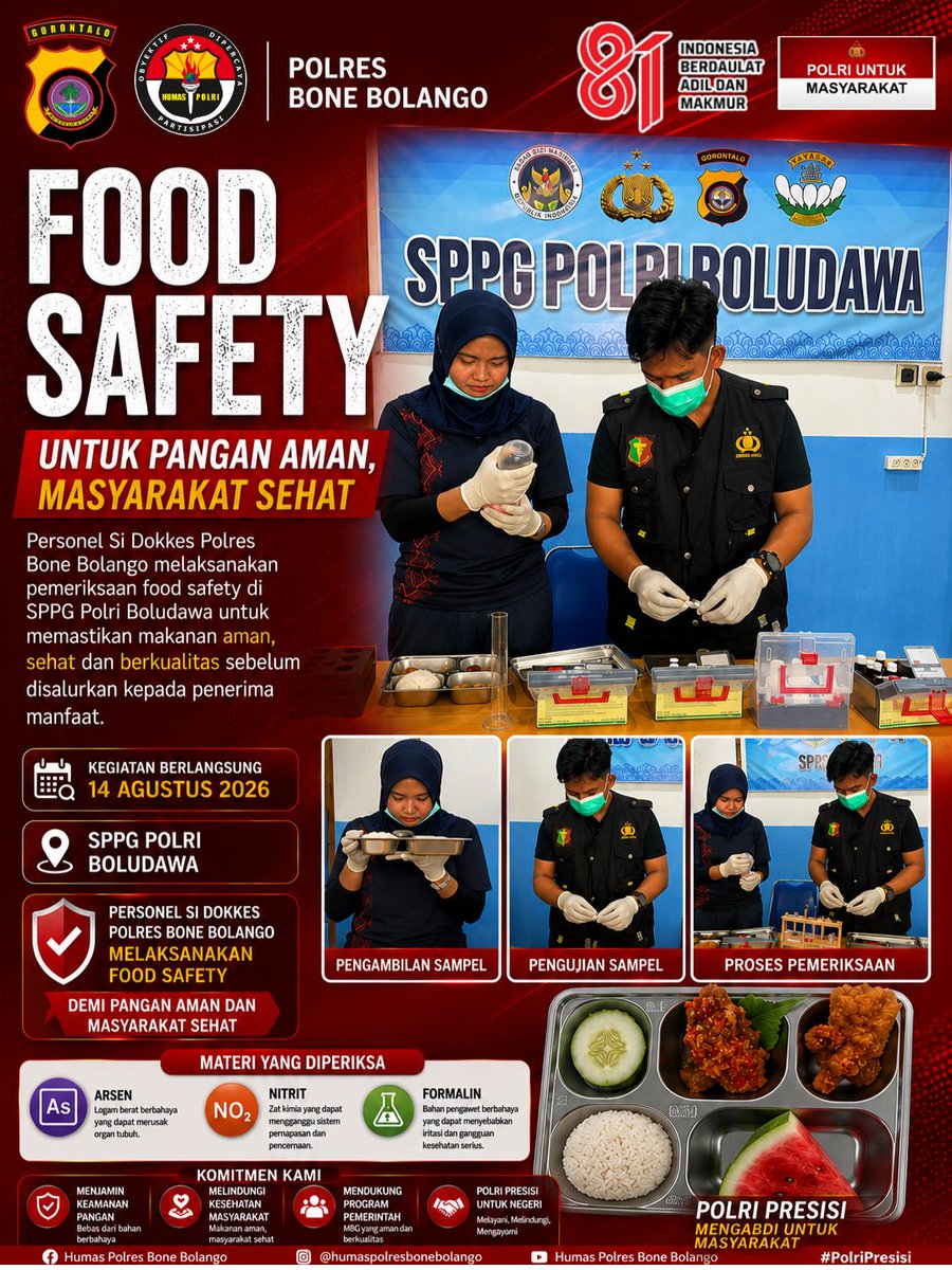BonbolPolres's tweet photo. Personel Si Dokkes Polres Bone Bolango melaksanakan pemeriksaan food safety di SPPG Polri Boludawa, Jumat, 14 Agustus 2026.

#PolriPresisi #HumasPolri #PolresBoneBolango #SiDokkes #FoodSafety #KeamananPangan #SPPGPolriBoludawa #MBG #MakanBergiziGratis #PolriUntukMasyarakat https://t.co/XvVQJdfUU4
