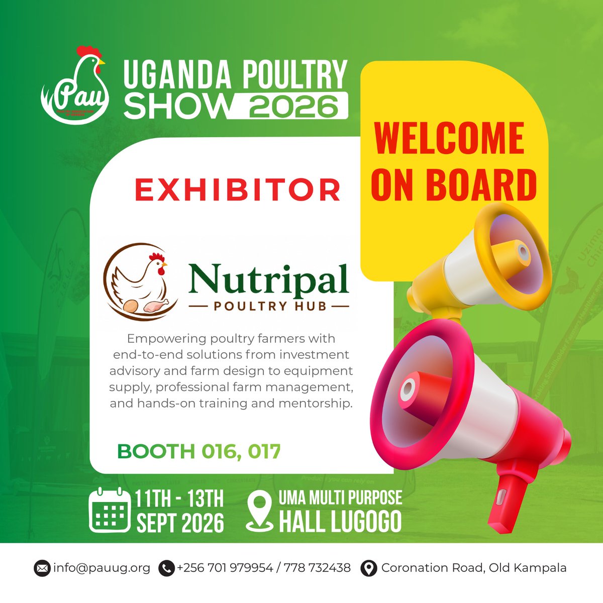 PauPoultry24's tweet photo. EXHIBITOR SPOTLIGHT: Nutripal Poultry Hub joins UPS2026
From investment advisory &amp; farm design to equipment supply &amp; training Nutripal Poultry Hub has end-to-end solutions for poultry farmers. 
Booth 016 &amp; 017
11–13 Sept 2026
UMA Multi-Purpose Hall, Kampala
Have you registered? https://t.co/UYAM1Rtx5G