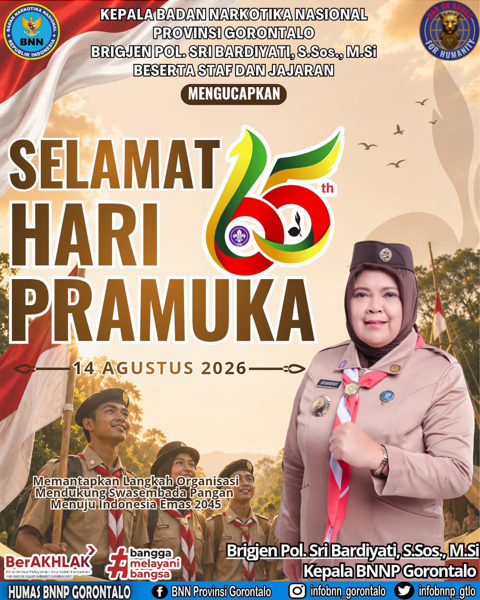 infobnnp_gtlo's tweet photo. Segenap keluarga besar Badan Narkotika Nasional Provinsi Gorontalo mengucapkan Selamat Hari Pramuka Ke-65, 14 Agustus 2026.
Mari bersama Memantapkan Langkah Organisasi Mendukung Swasembada Pangan Menuju Indonesia Emas 2045..
#haripramuka #pramuka https://t.co/dlr2g6Wqde
