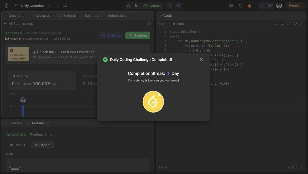 akash31_2004's tweet photo. 🔹DAY - 74 🚀
✅LC- POTD
✅GFG- solve 1 question
✅Web dev- work on a chatting application
#CodingJourney #DSA #Programming #PlacementPrep https://t.co/HHerzstfLs
