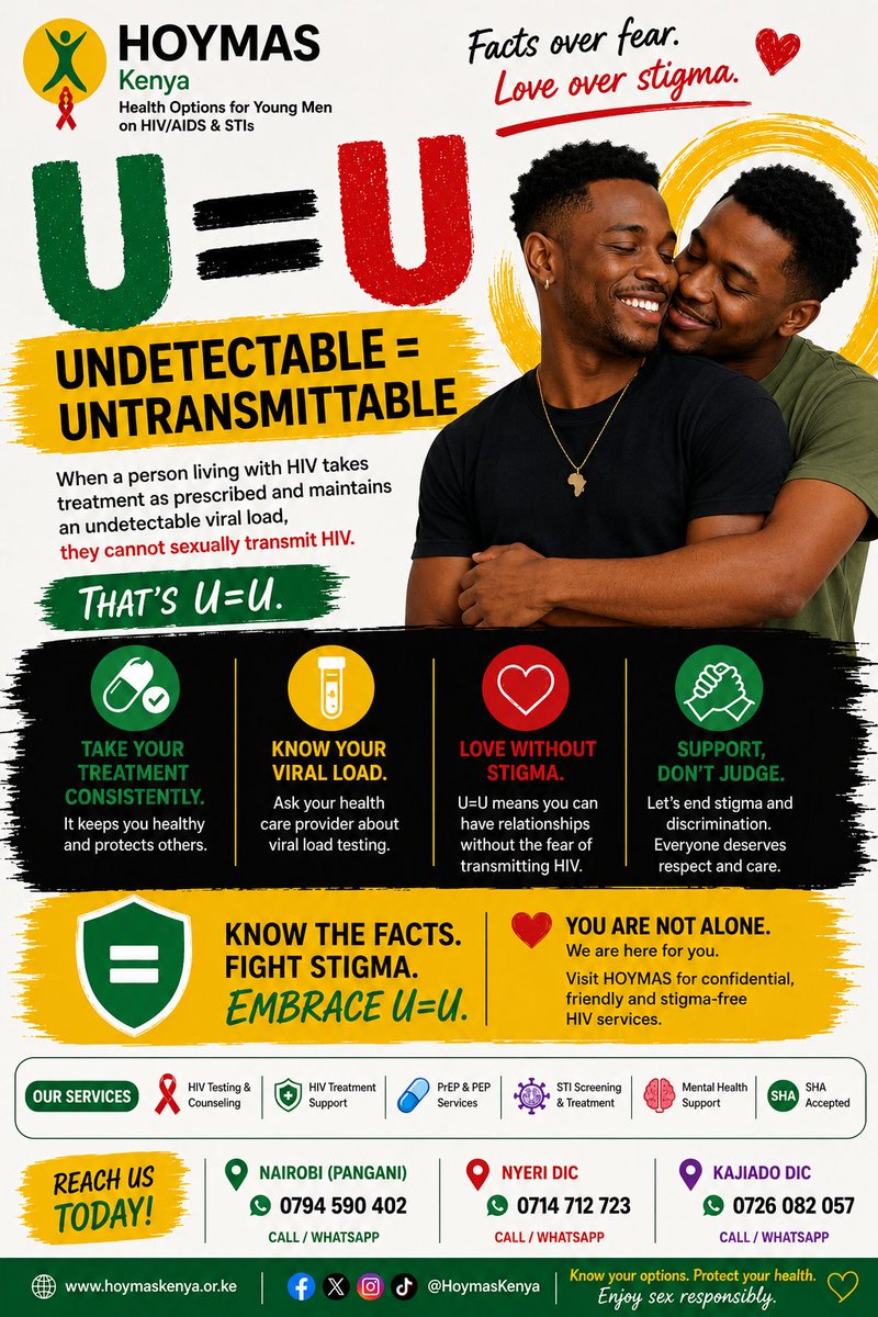 hoymask's tweet photo. UNDETECTABLE = UNTRANSMITTABLE. ❤️

When a person living with HIV takes treatment as prescribed and maintains an undetectable viral load, they cannot sexually transmit HIV.

That’s U=U.
#HIV #HIVPrevention #EndHIVStigma #KnowYourStatus #HOYMASKenya #NoStigma #HealthForAll https://t.co/WcnmMLOqK9
