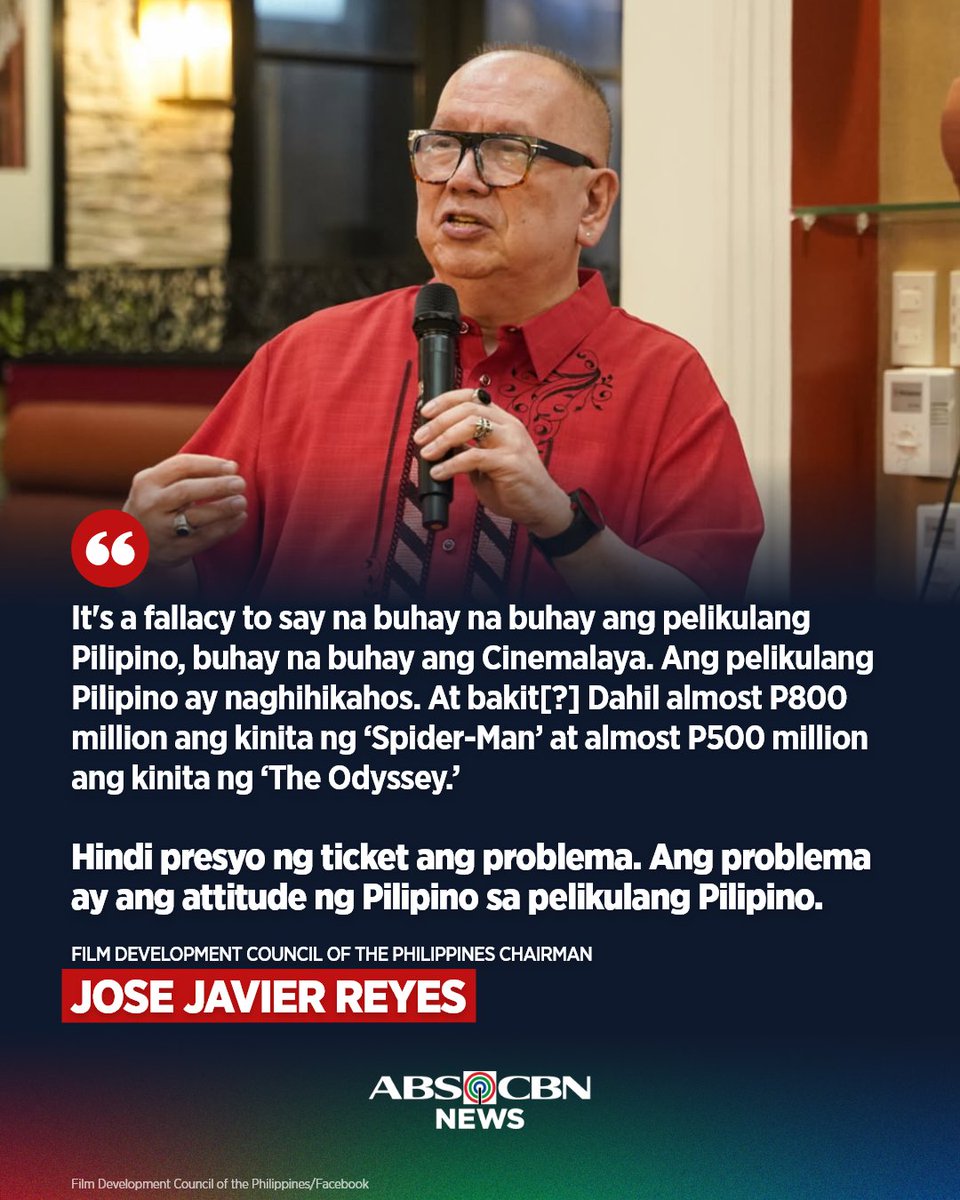 ABSCBNNews's tweet photo. May prangkang pananaw si FDCP Chairman Jose Javier Reyes kaugnay ng interes ng mga manonood sa pelikulang Pilipino,
 
Kaugnay na ulat: https://t.co/DkpqyzABnr https://t.co/Uq5Iax6mzw