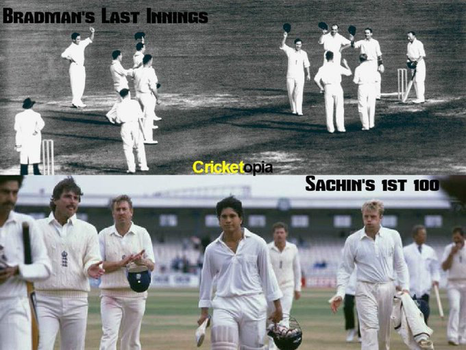 CricketopiaCom's tweet photo. Amazing Co-incidence!
#OnThisDay
14-Aug-1948: Bradman played his last test innings vs England
14-Aug-1990: Tendulkar scored his first test hundred vs England
#ActOfGod or #MereCoincidence #StandingOvation https://t.co/Zz8bXEyEZg